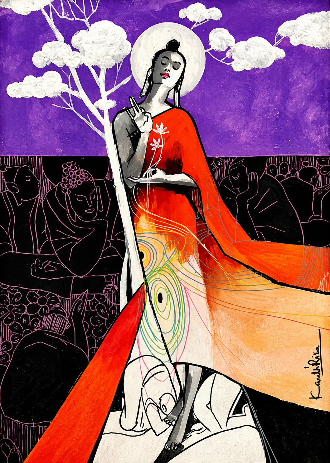 Expressive contemporary portrait in vermilion, purple, black and white