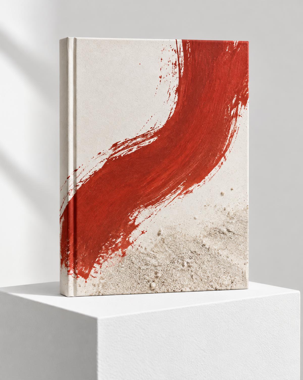 Minimal white art book with a vermilion brushstroke