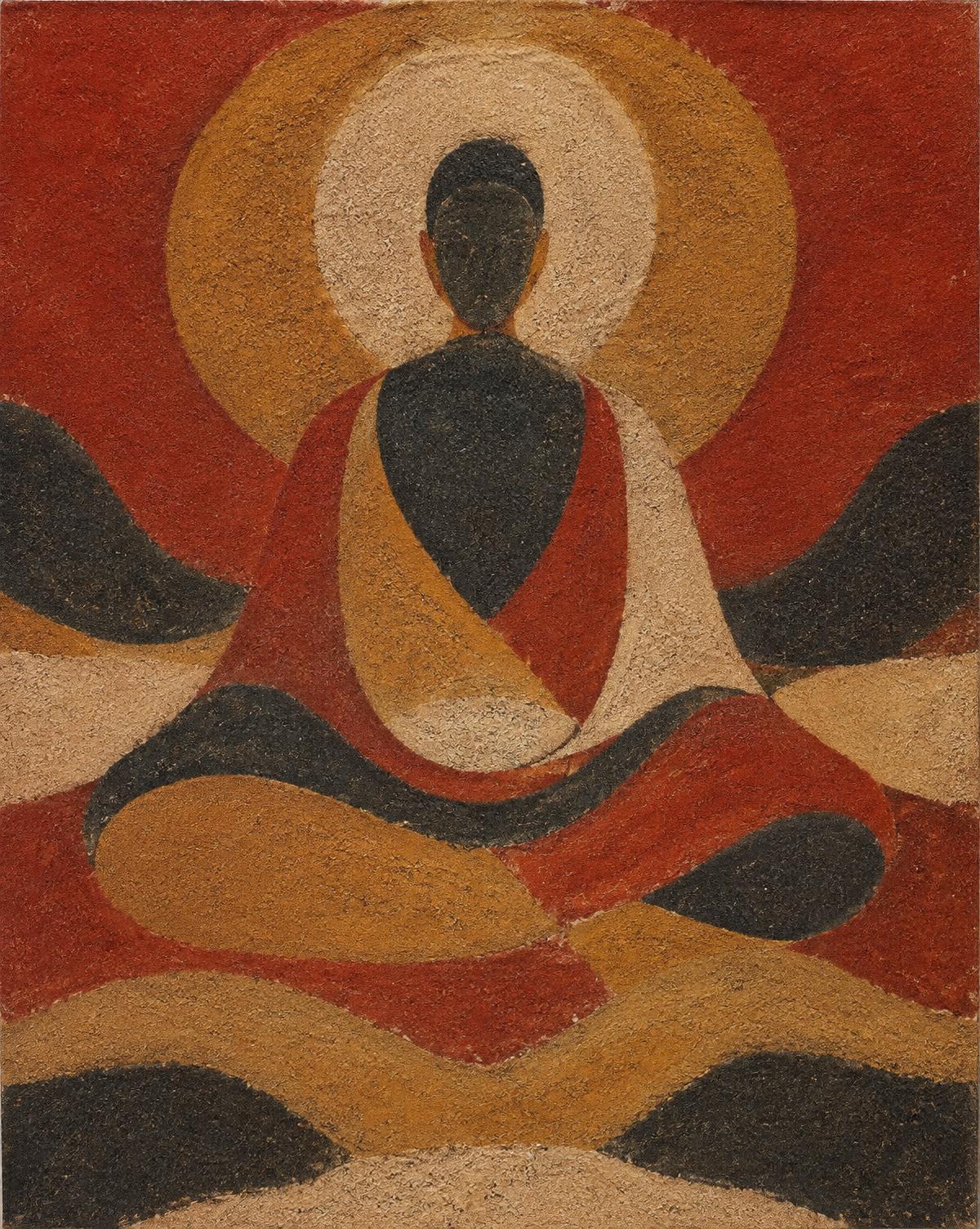 Meditative figure rendered in red, ochre and charcoal sand