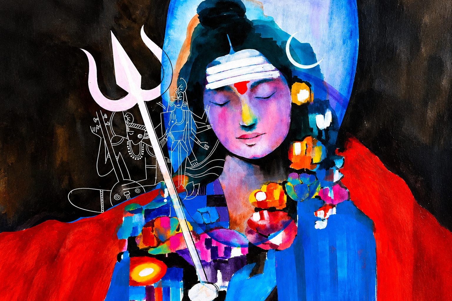 Vibrant spiritual sand painting in blue, vermilion and gold tones