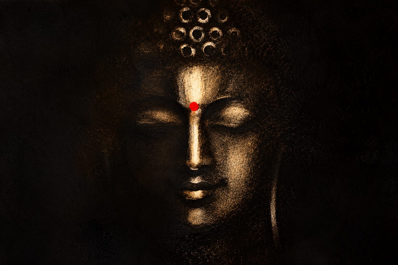Serene golden Buddha portrait on a dark textured background