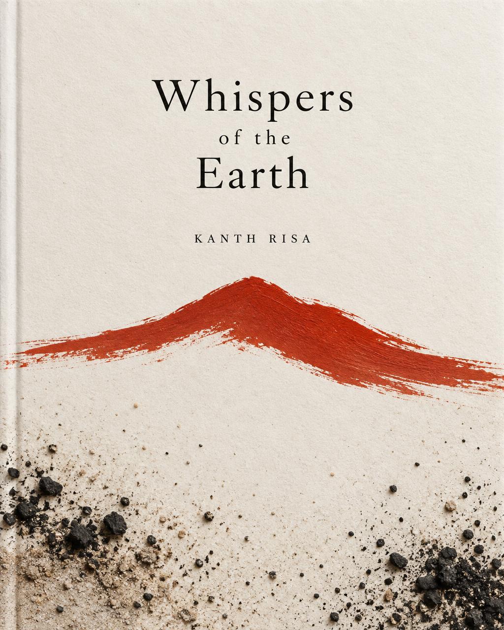 Minimal book cover with a vermilion mountain silhouette and scattered earth